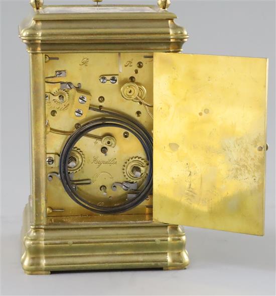 An early 20th century French hour repeating carriage alarum clock, H.6.25in.